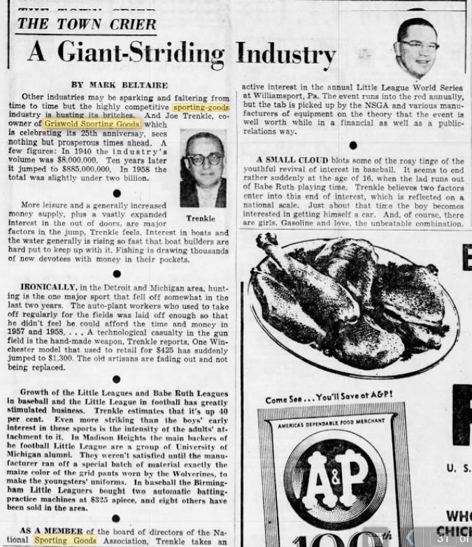 Griswold Sporting Goods - Article On Joe Trenkle 1959